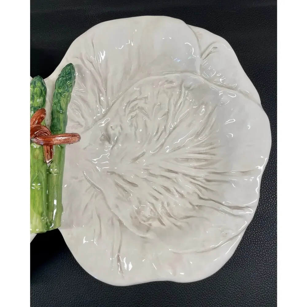 Italian Majolica Vietri Divided White Cabbage Leaf and Asparagus Dish